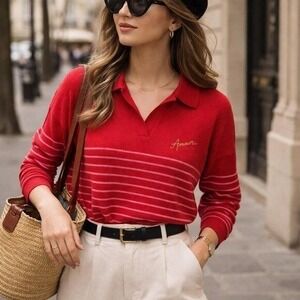 Maison Labiche Polo Sweater Womens Medium Red Pink Amour Embroidered Knit Preppy